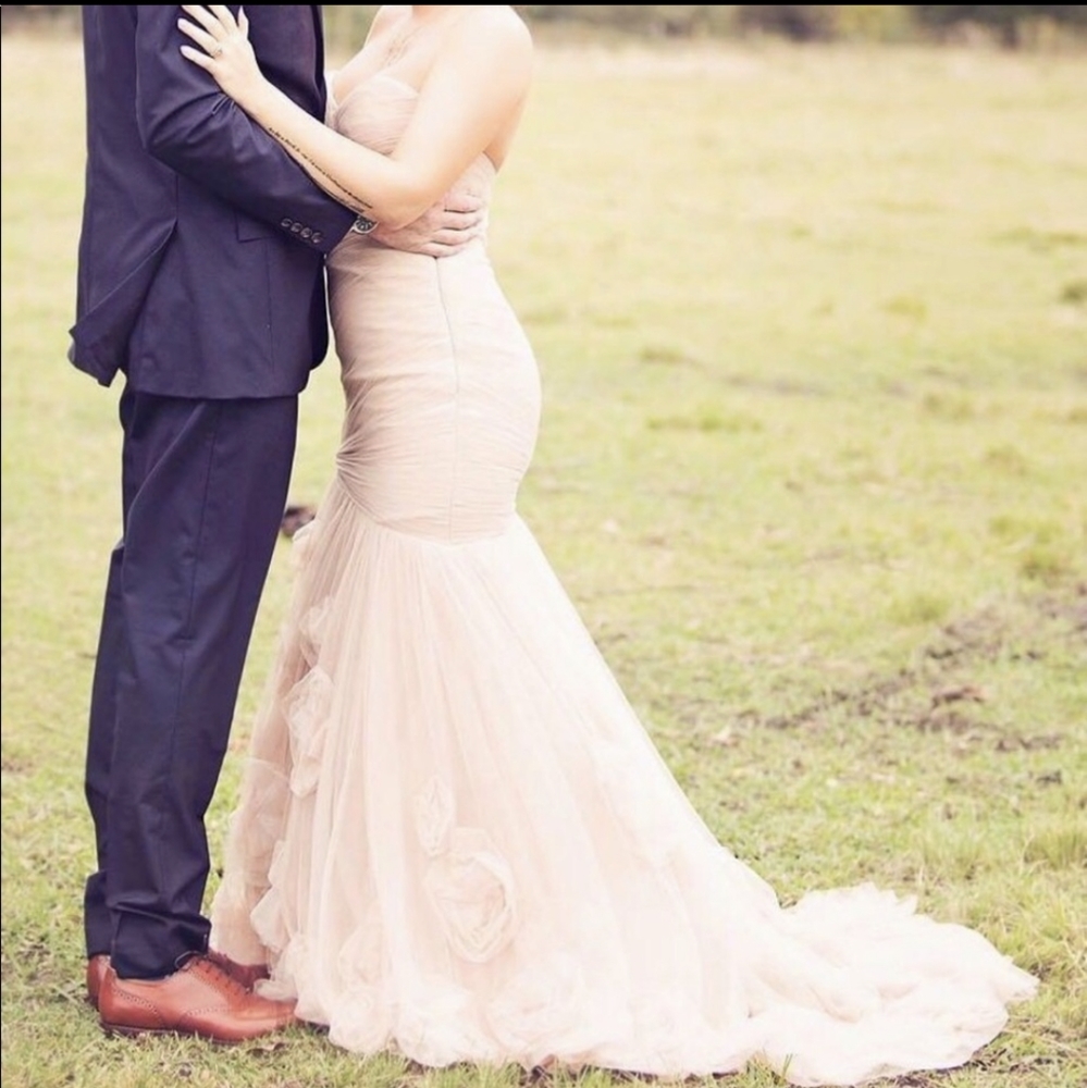 Watters blush mermaid wedding gown with rosettes